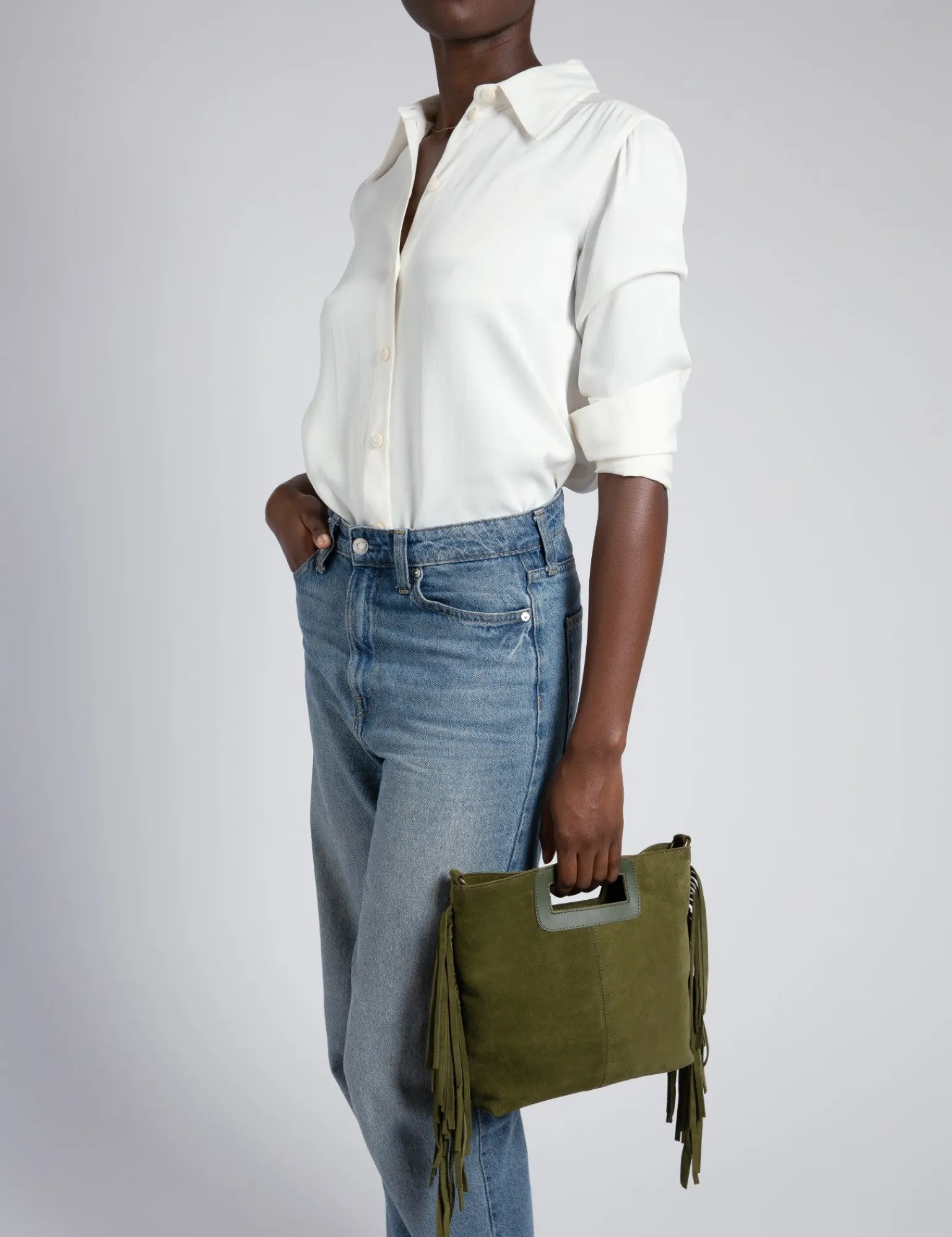 Penelope Chilvers Fringe Handy Suede Bag Khaki Outlet