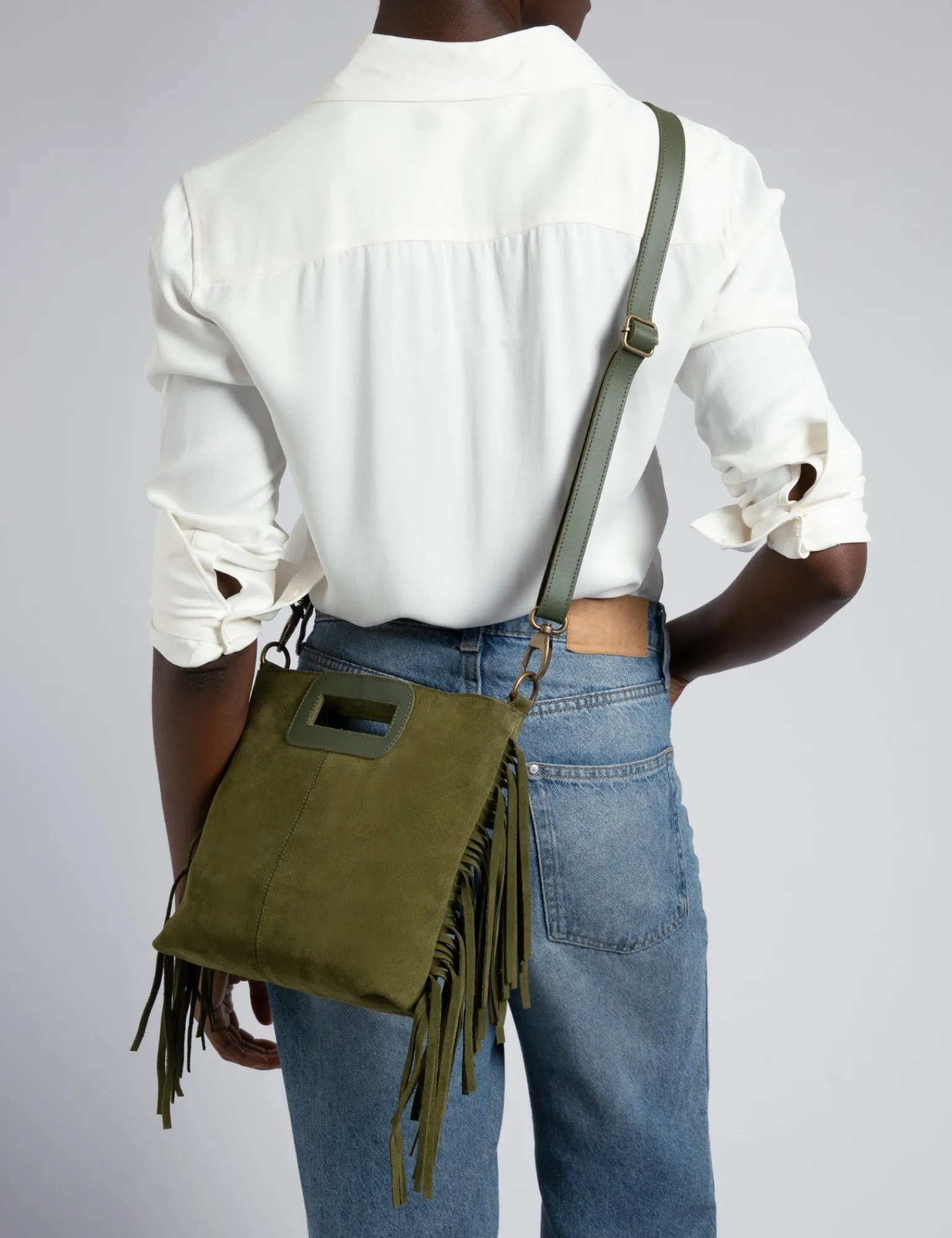 Penelope Chilvers Fringe Handy Suede Bag Khaki Outlet