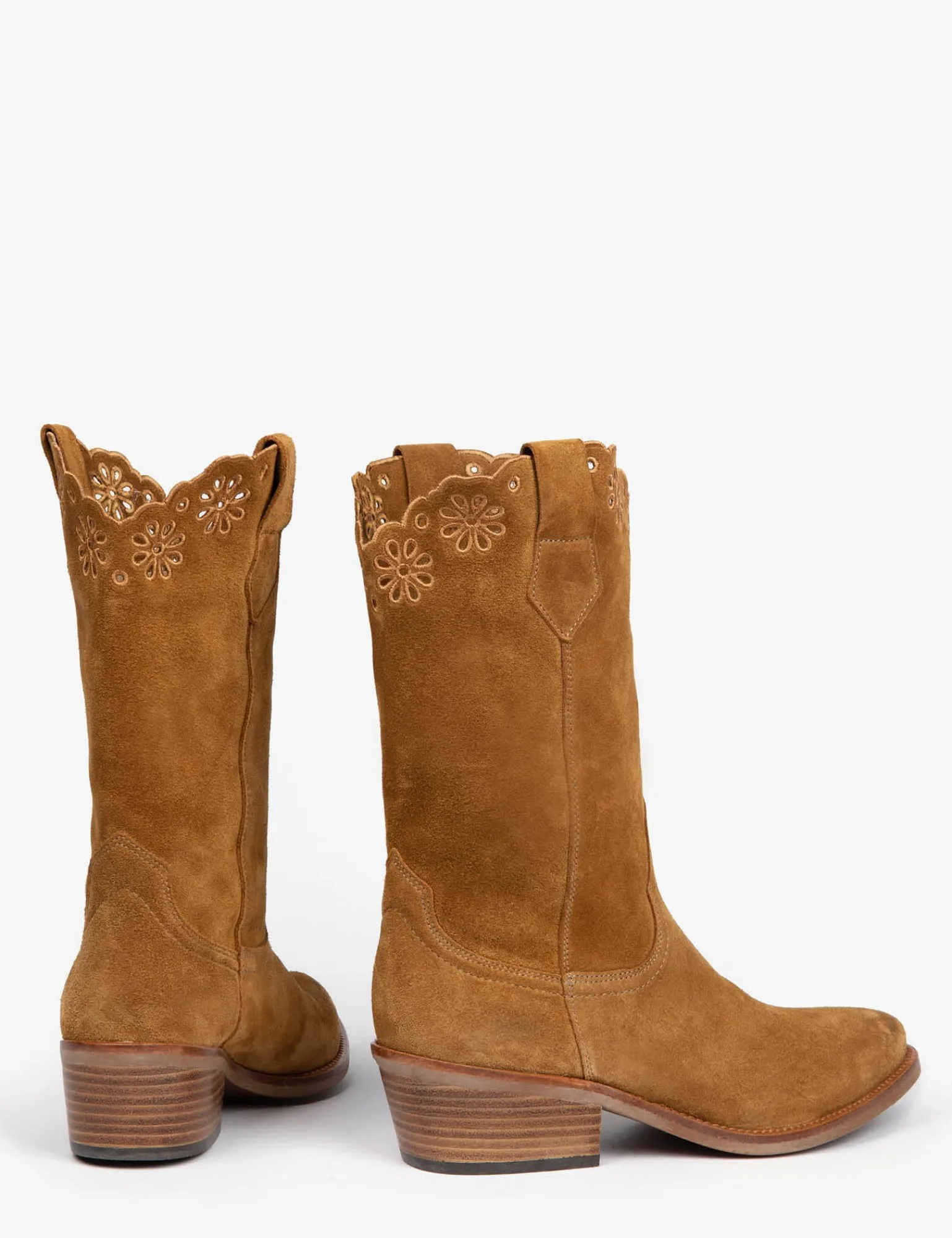 Penelope Chilvers Jesse Broderie Suede Cowboy Boot Tan New