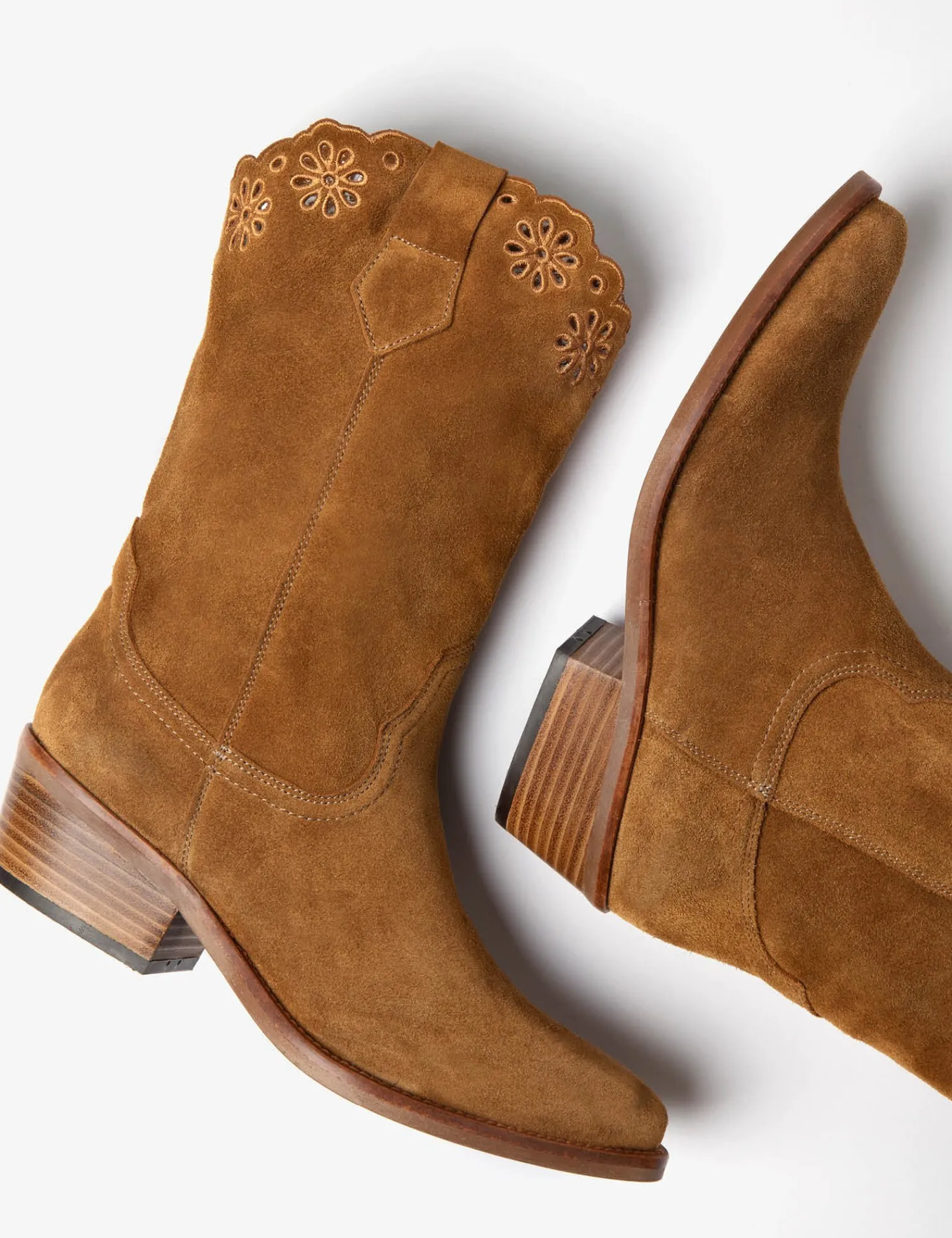 Penelope Chilvers Jesse Broderie Suede Cowboy Boot Tan New