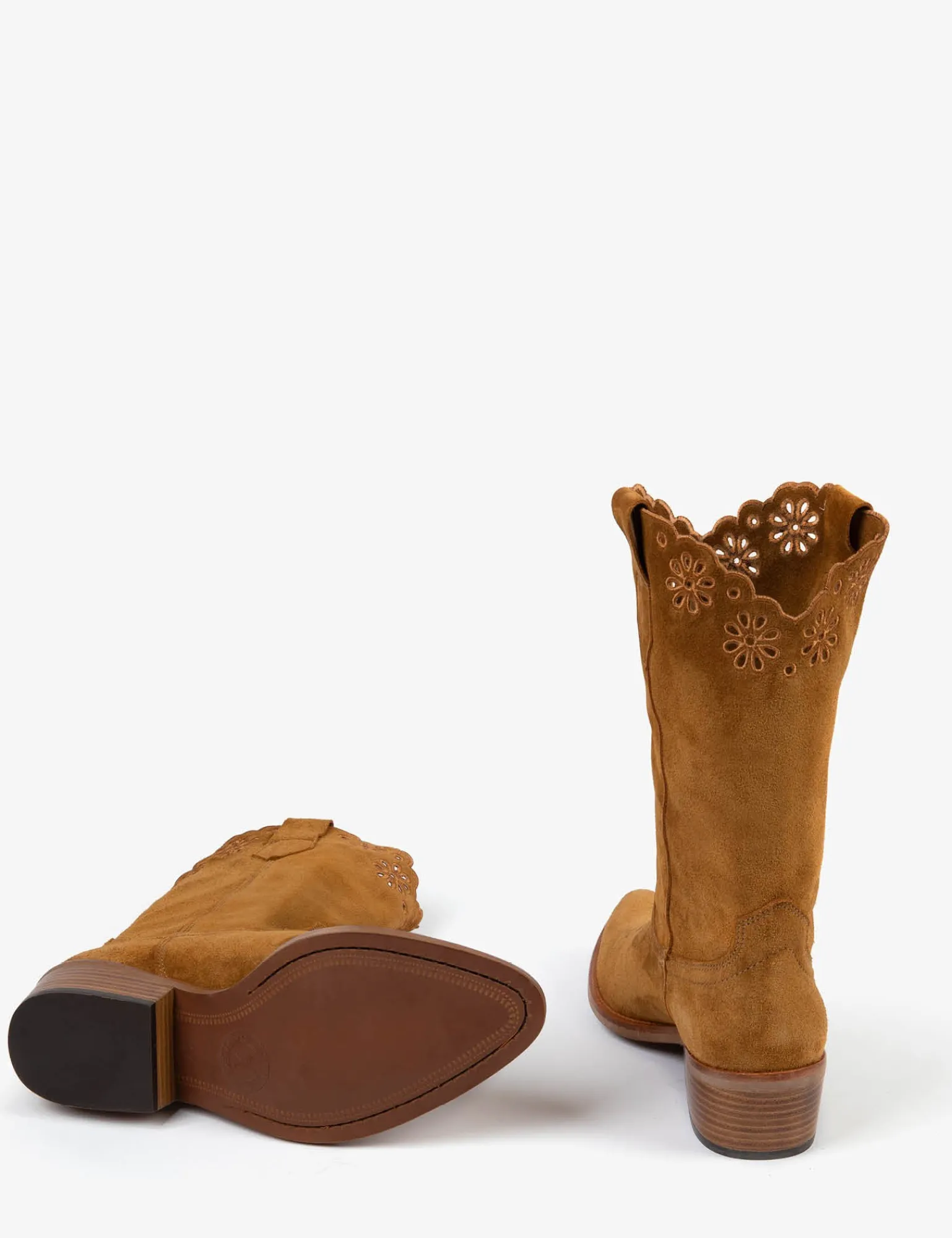 Penelope Chilvers Jesse Broderie Suede Cowboy Boot Tan New