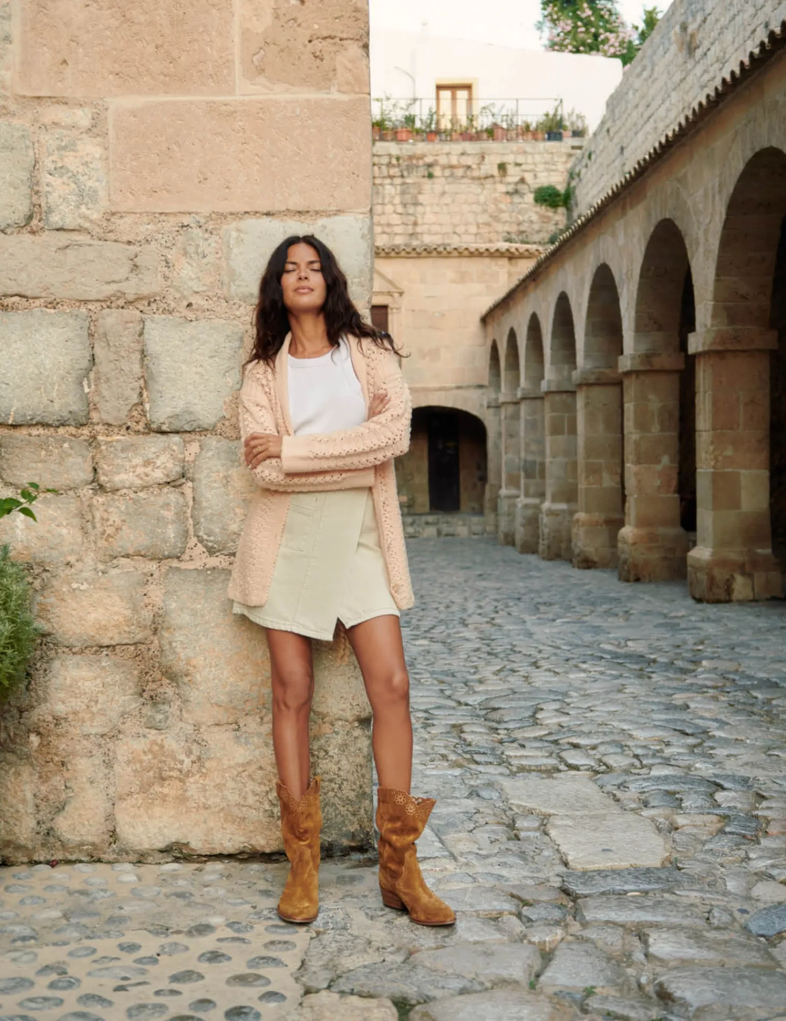 Penelope Chilvers Jesse Broderie Suede Cowboy Boot Tan New
