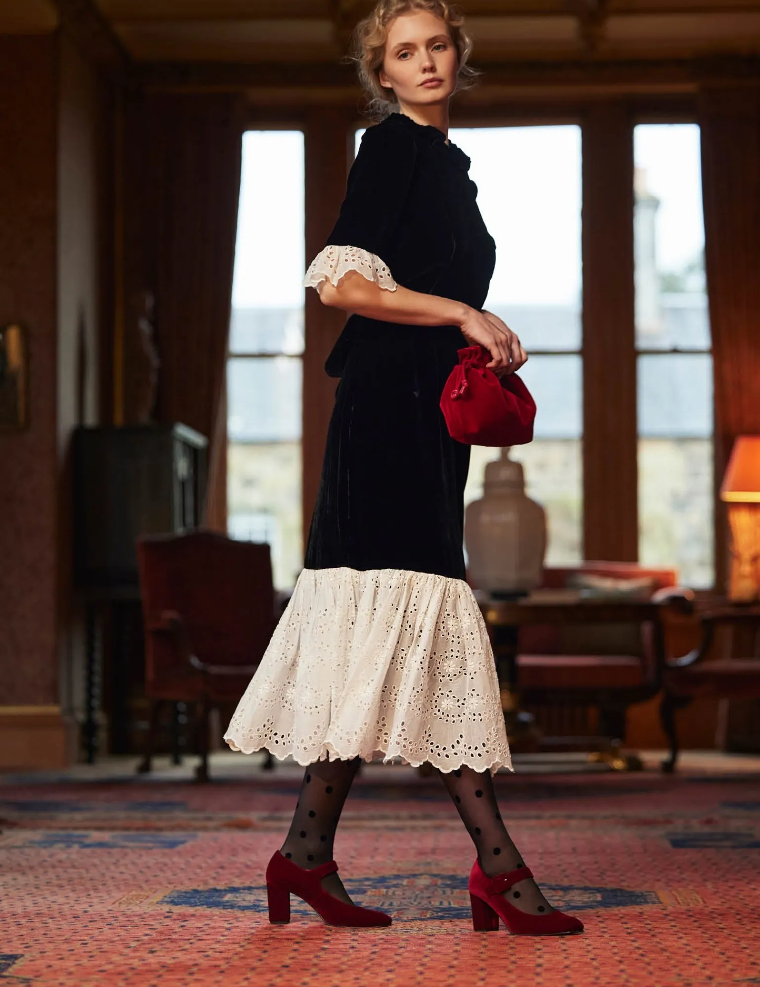 Penelope Chilvers High Mary Jane Velvet Shoe Red Hot