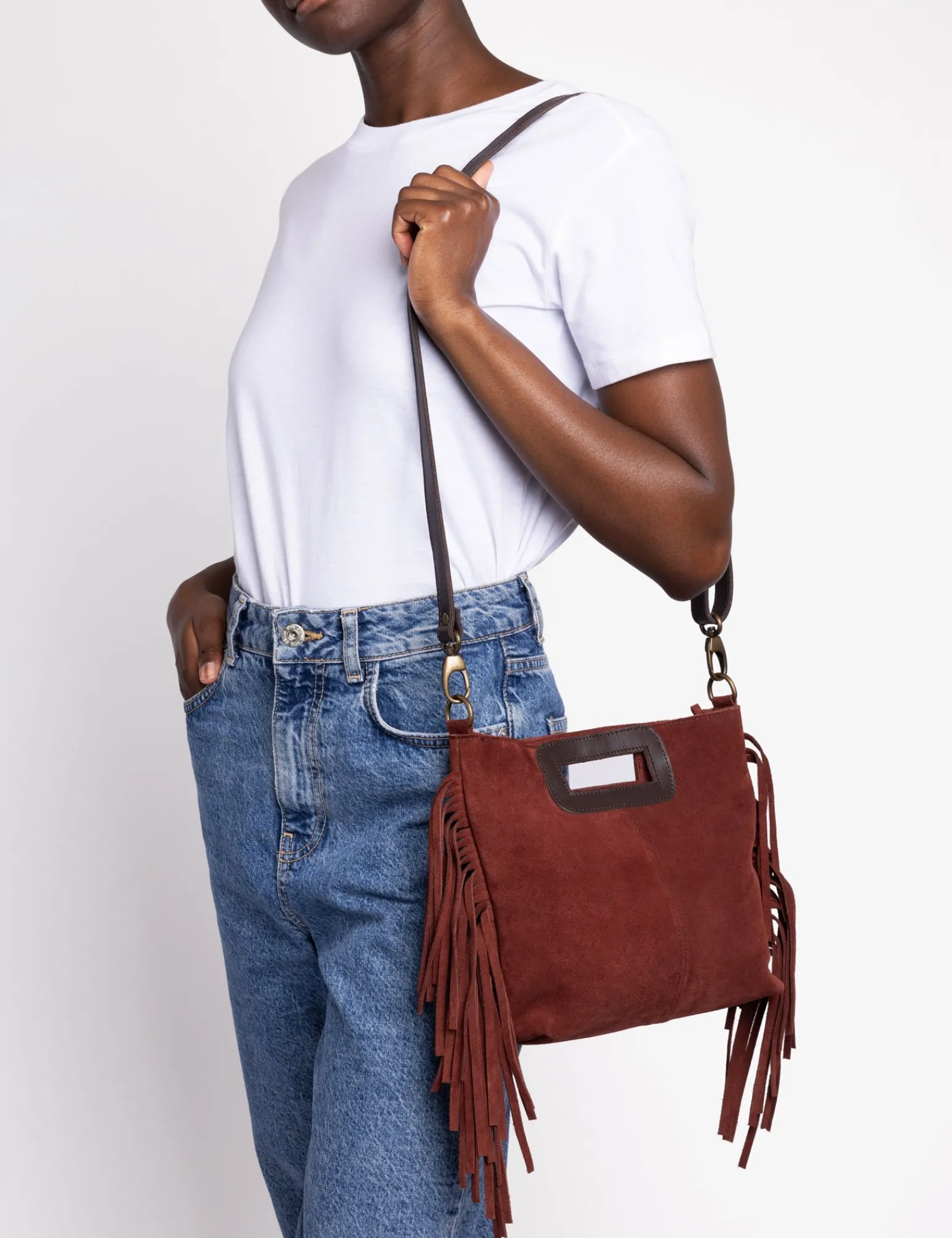 Penelope Chilvers Fringe Handy Suede Bag Russet Best