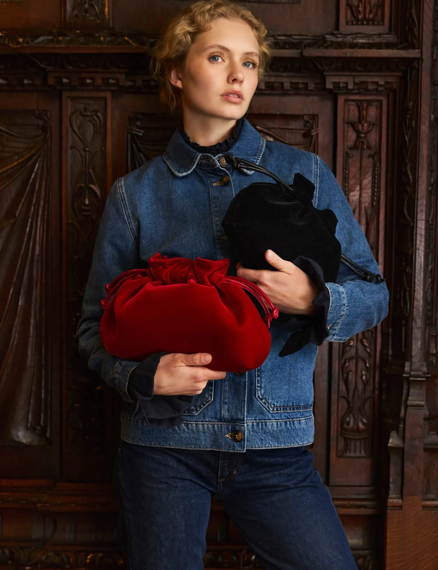Penelope Chilvers Puffball Velvet Clutch Red Clearance